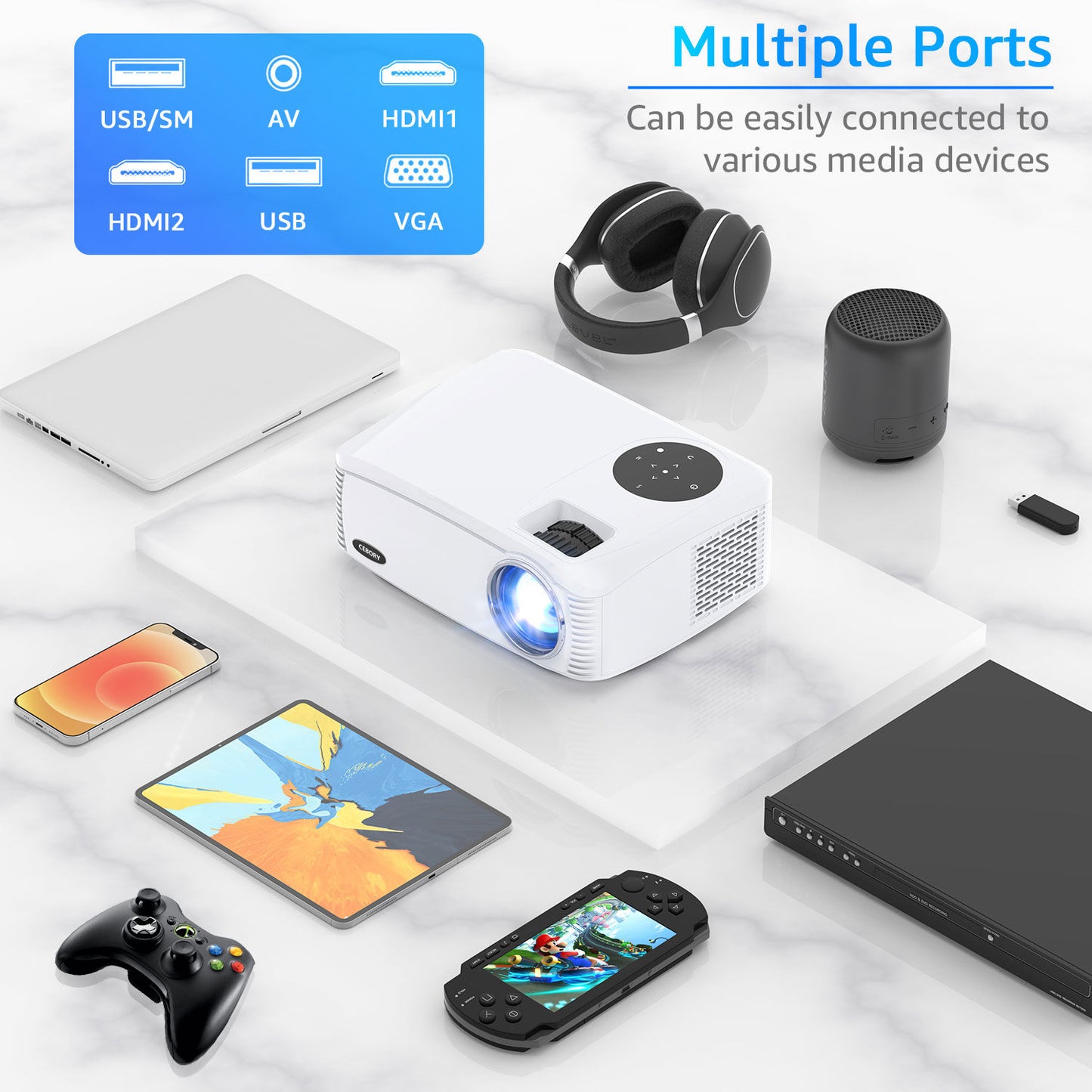 5G WiFi Bluetooth Native 1080P Projector, 20000LM 450" Display Support 4K Movie Projector, High Brightness for Home Theater and Business, Compatible with iOS/Android/TV Stick/PS4/HDMI/USB/PPT