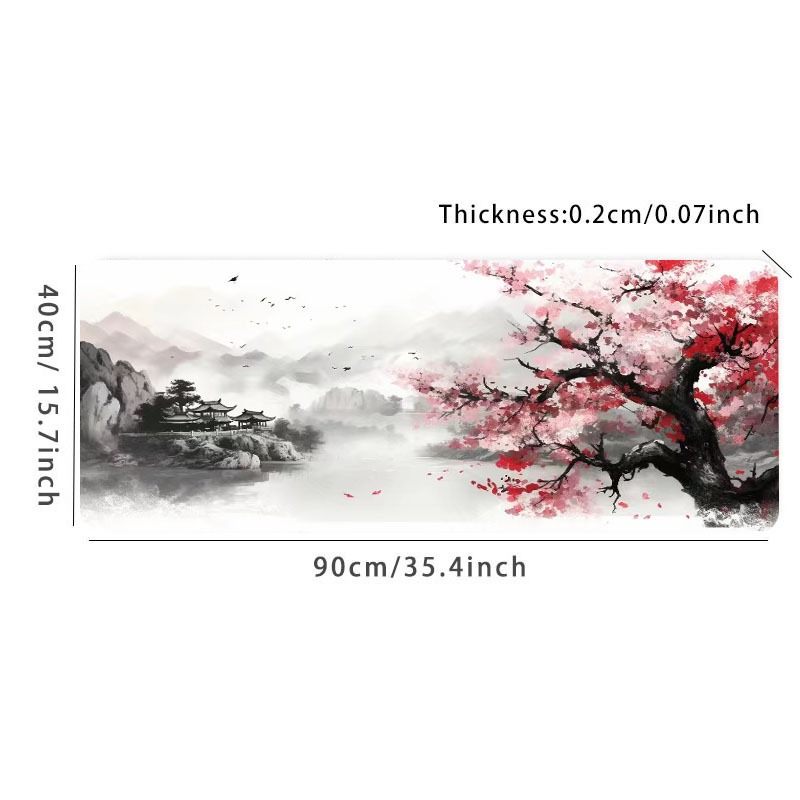Japanese Painting Cherry Blossoms Gaming Mouse Pad Desk Mat Desk Pad Large Gaming Mousepad Office Keyboard Pad Computer Mouse Non-Slip Computer Mat Stitched Edges Mousepad, Long Mouse Pad