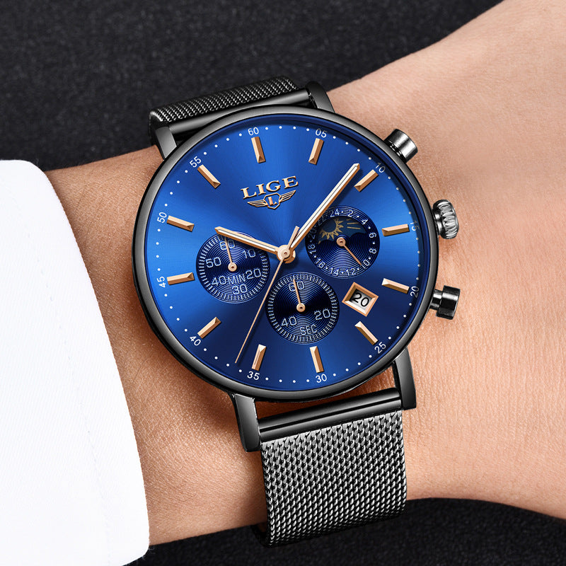 Foreign Trade LIGE Men's Personality Fashion Trend Leisure Waterproof Moon Phase Quartz Watch Business Sports Watch