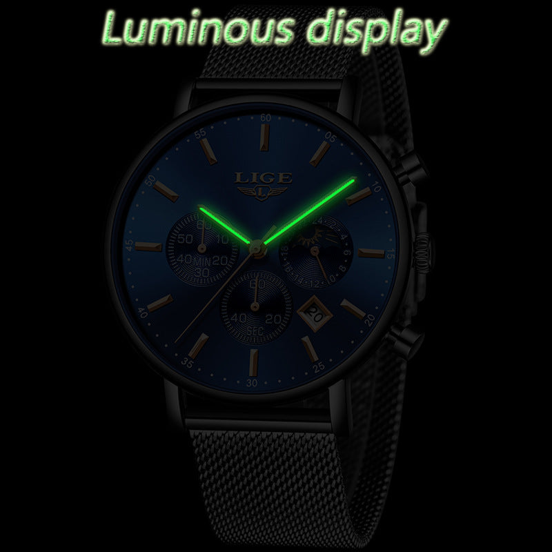 Foreign Trade LIGE Men's Personality Fashion Trend Leisure Waterproof Moon Phase Quartz Watch Business Sports Watch