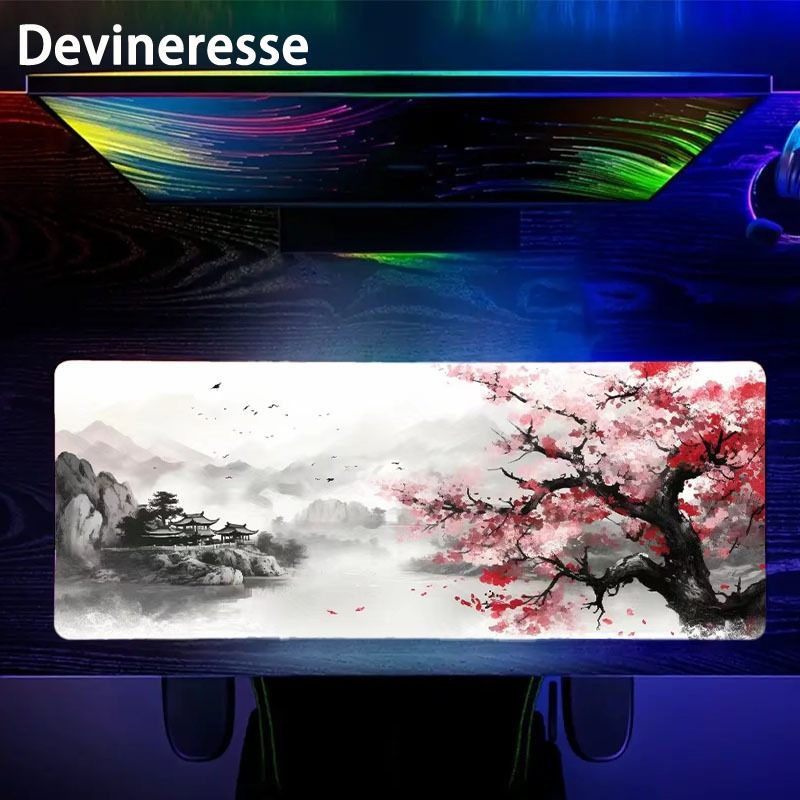 Japanese Painting Cherry Blossoms Gaming Mouse Pad Desk Mat Desk Pad Large Gaming Mousepad Office Keyboard Pad Computer Mouse Non-Slip Computer Mat Stitched Edges Mousepad, Long Mouse Pad