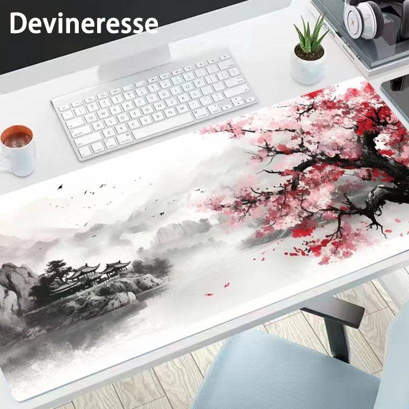 Japanese Painting Cherry Blossoms Gaming Mouse Pad Desk Mat Desk Pad Large Gaming Mousepad Office Keyboard Pad Computer Mouse Non-Slip Computer Mat Stitched Edges Mousepad, Long Mouse Pad