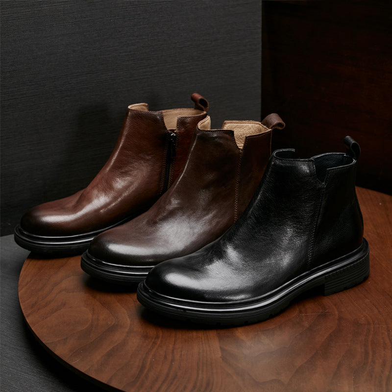 Men's Genuine Leather Autumn And Winter Round Toe Thick-soled Martin Boots Retro Chelsea Boots Zipper Motorcycle Trend Versatile Leather Boots