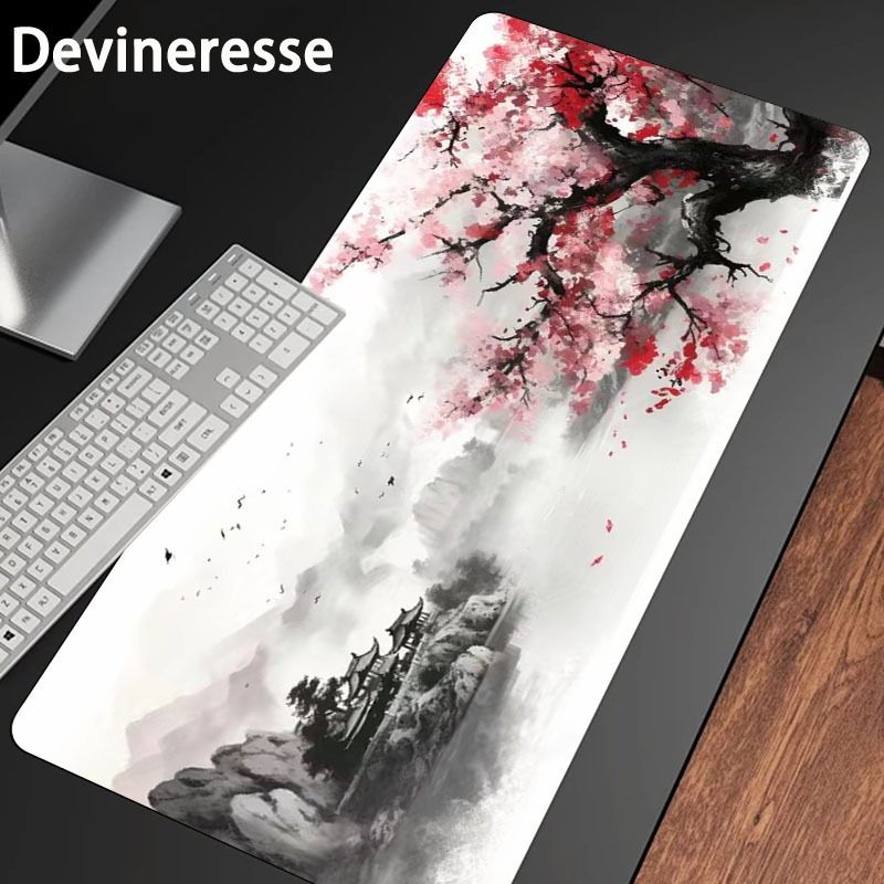 Japanese Painting Cherry Blossoms Gaming Mouse Pad Desk Mat Desk Pad Large Gaming Mousepad Office Keyboard Pad Computer Mouse Non-Slip Computer Mat Stitched Edges Mousepad, Long Mouse Pad