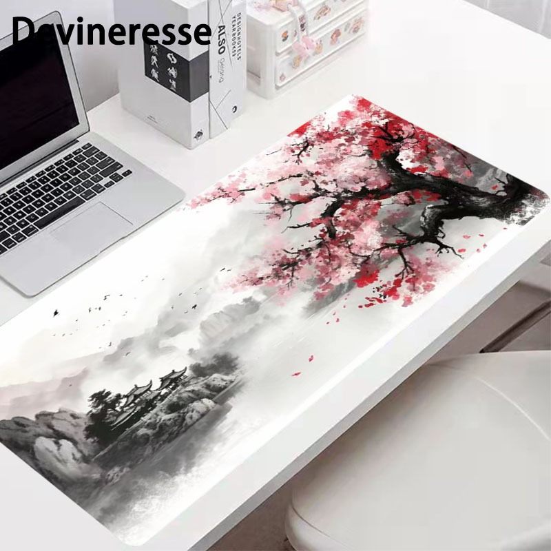Japanese Painting Cherry Blossoms Gaming Mouse Pad Desk Mat Desk Pad Large Gaming Mousepad Office Keyboard Pad Computer Mouse Non-Slip Computer Mat Stitched Edges Mousepad, Long Mouse Pad